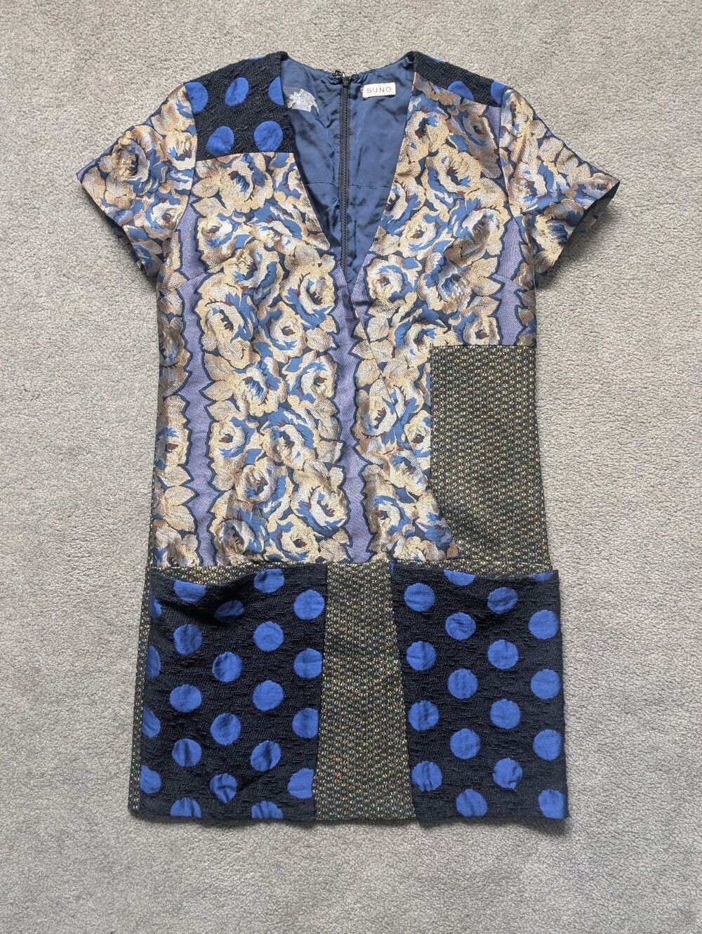 SUNO Blk Polka Dot Patchwork Jacquard V-Front Sustainable Designer Sz 4 $500